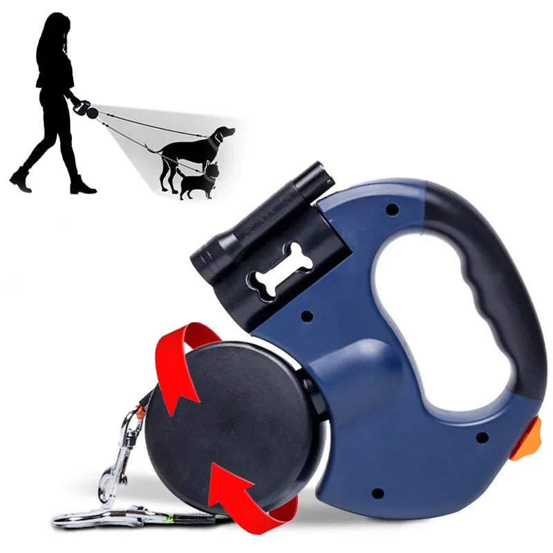 3-in-1 Retractable Dog Leash with LED Flashlight & Poop Bag Holder – Reflective Double-Head Design