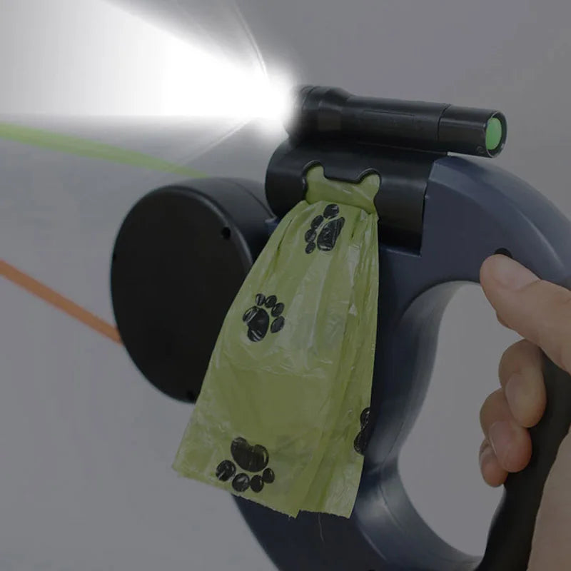 3-in-1 Retractable Dog Leash with LED Flashlight & Poop Bag Holder – Reflective Double-Head Design