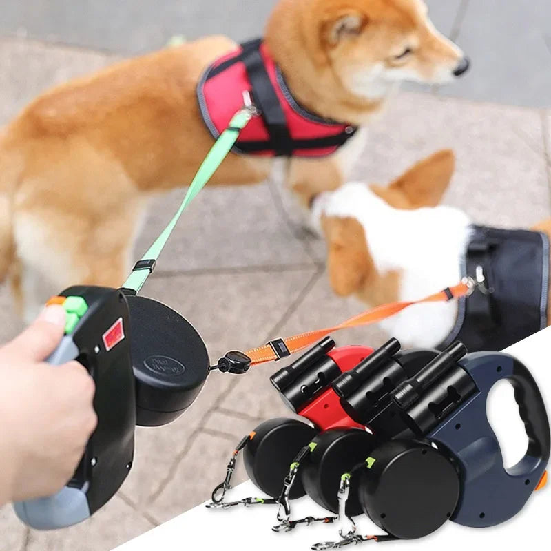 3-in-1 Retractable Dog Leash with LED Flashlight & Poop Bag Holder – Reflective Double-Head Design