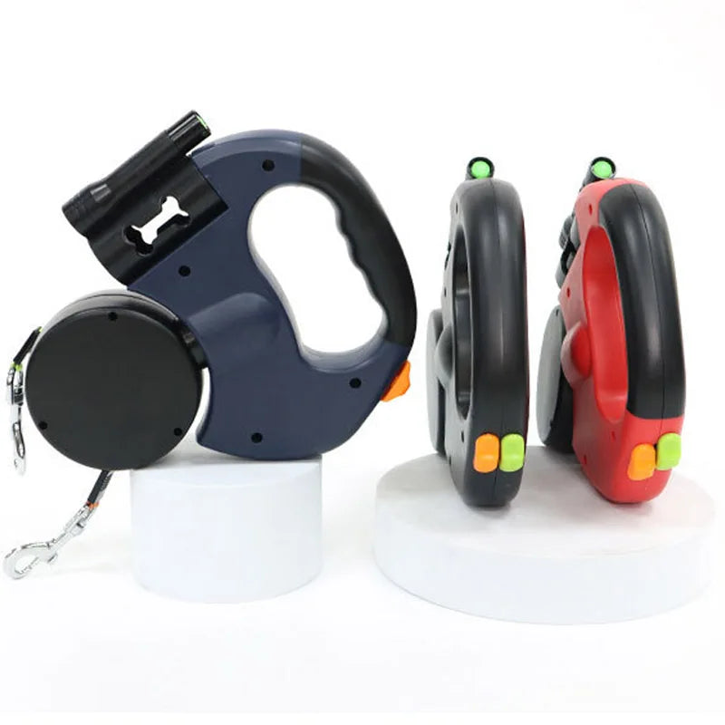3-in-1 Retractable Dog Leash with LED Flashlight & Poop Bag Holder – Reflective Double-Head Design